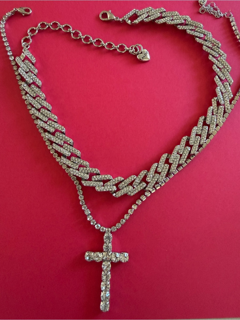 23cm./17cm.Aldo Silver Crystal Layered Necklace with Rhinestone Cross